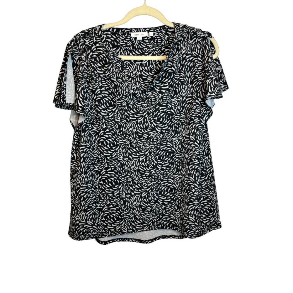 Chico's‎ Blouse Women's Large Flutter Sleeves Swirl Black White Chicos 2